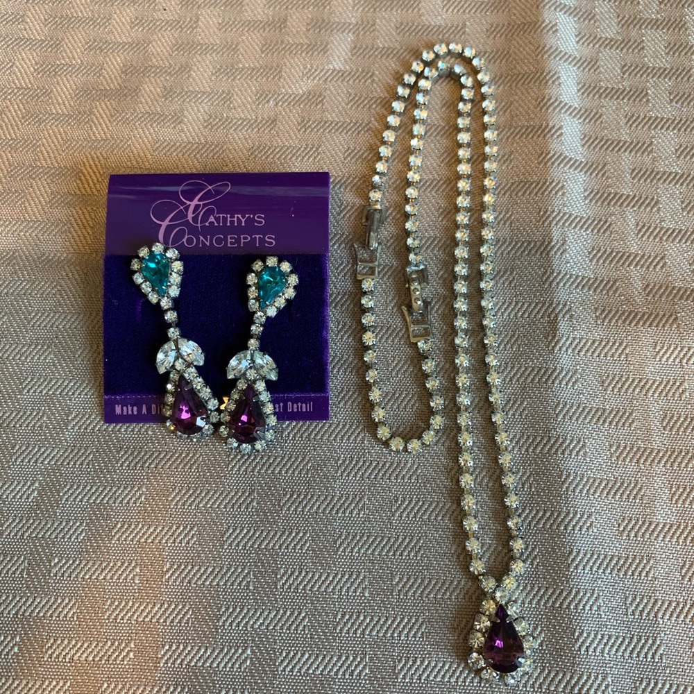 Vintage PROM Teal and purple earrings and necklace